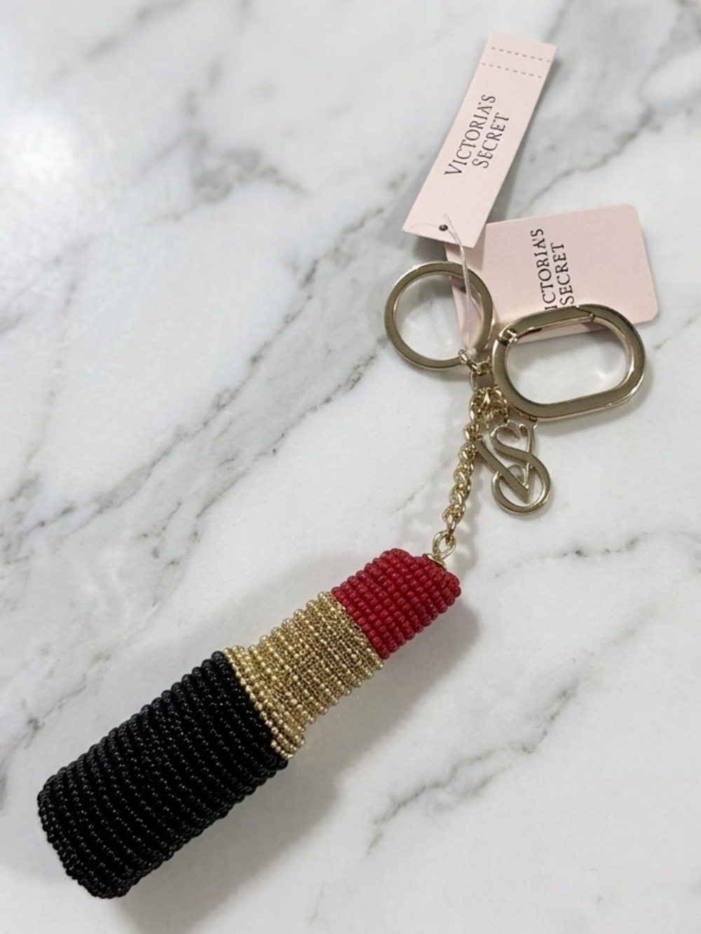 Victoria's Secret Lipstick Bag Charm Keychain, Gold